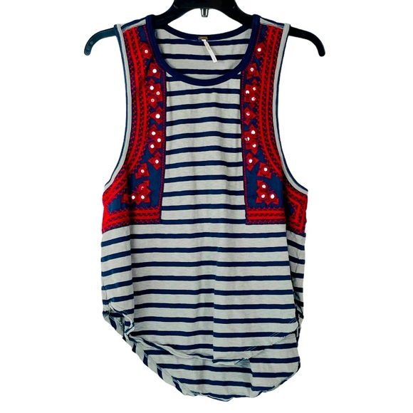 Free People tank top blue gray “wear your sparkle” embroidered striped boho - Picture 2 of 12